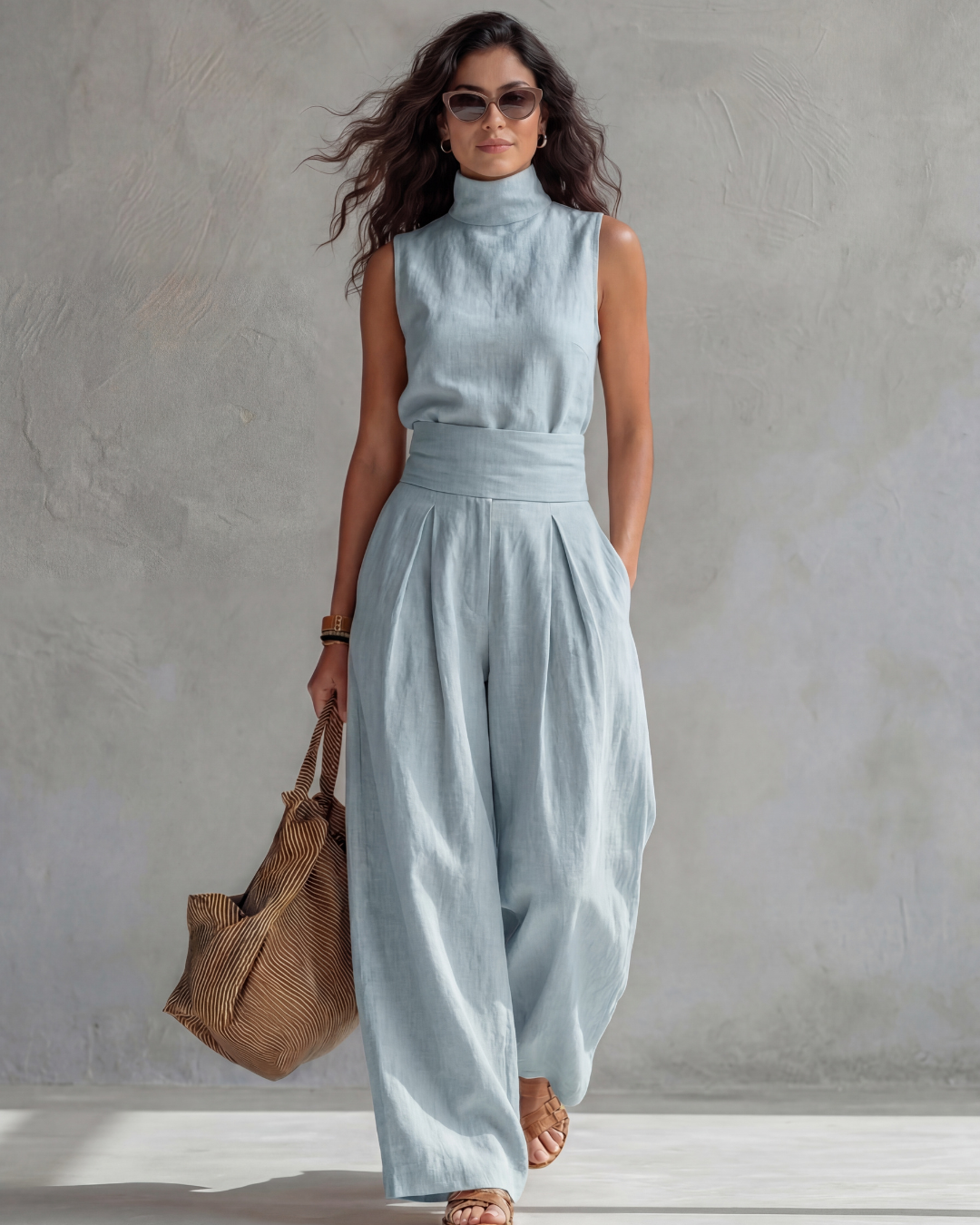 Maria | Conjunto Top y Pantalón Ancho Algodón Lino Rosa.