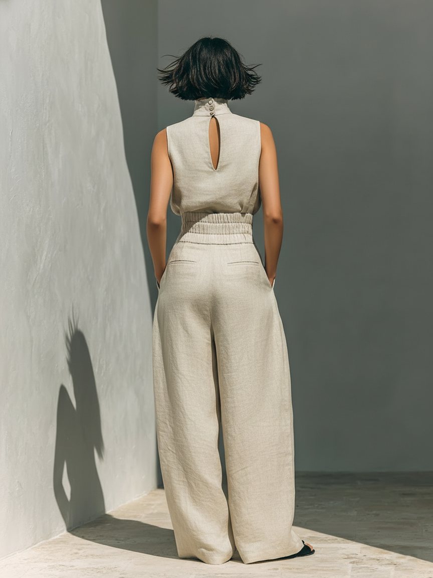 Maria | Conjunto Top y Pantalón Ancho Algodón Lino Azul
