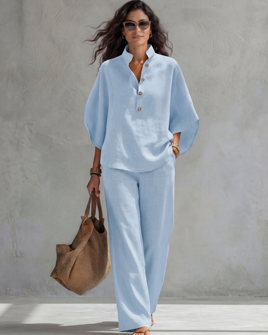 Elena | Conjunto Mujer de Algodón y Lino Azul Cielo