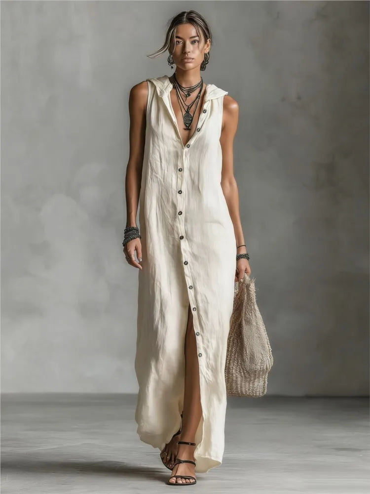 Camila | Vestido Algodón Lino con Capucha