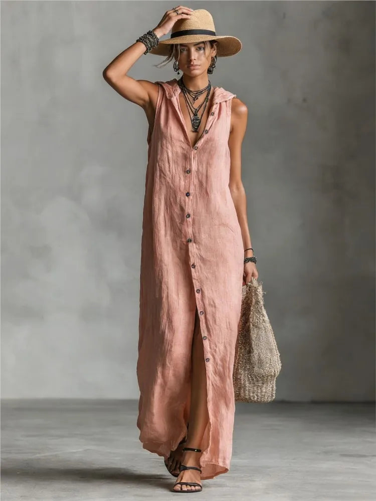 Camila | Vestido Algodón Lino con Capucha